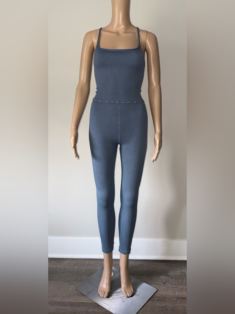 Free People Ribbed High-Waist Leggings in Dusty Blue